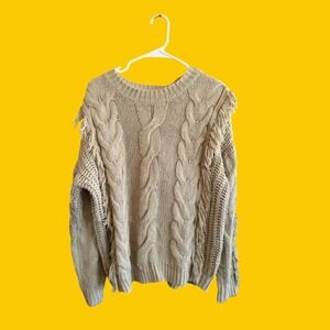 ANDTHEWHY Sage Green Cable Knit Fringe Sweater Womens SM Oversized Boho Street